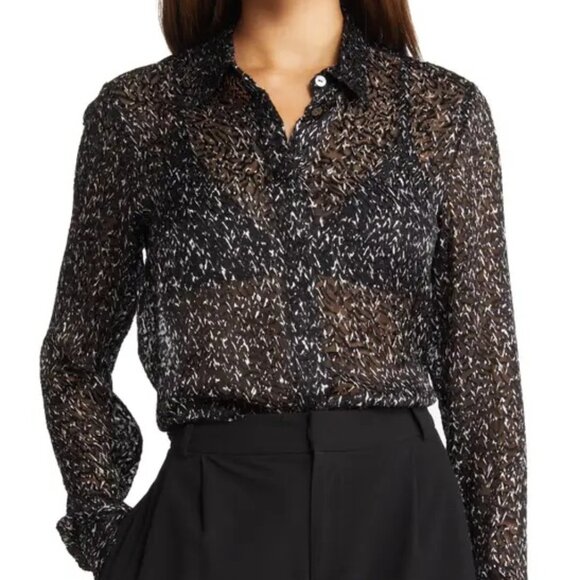 NWT Theory Chevron Burnout Button Silk Viscose Sheer Blouse Top - Picture 6 of 16